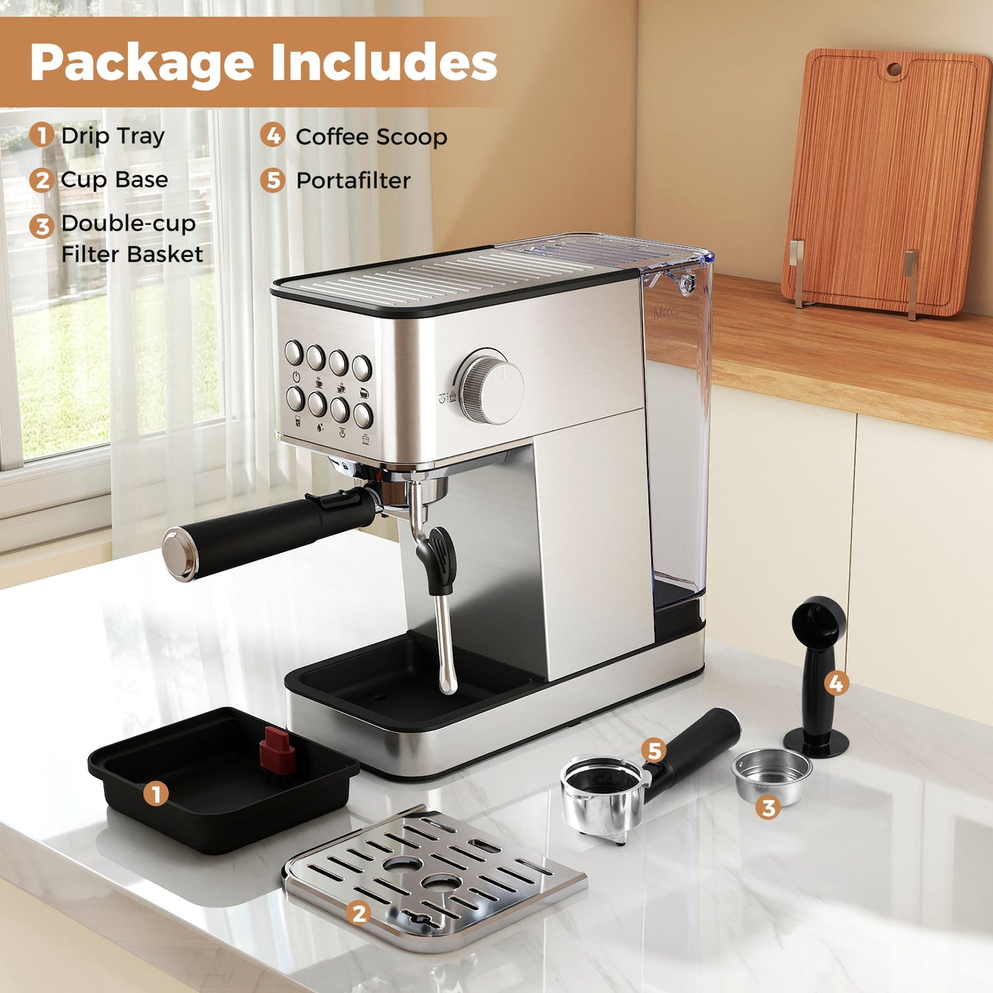 Espresso Machine 20 Bar Compact Stainless Steel Coffee Maker with Milk Frother-Silver