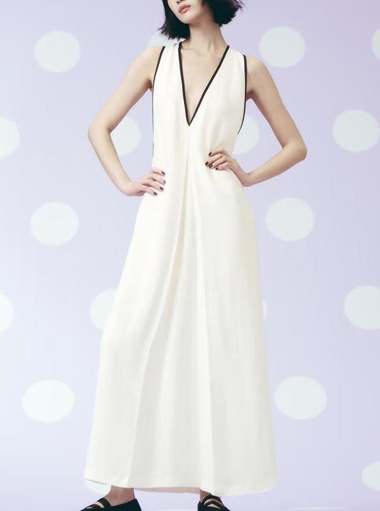 Women Clothing Summer Simple V neck Trim Linen Blend Dress