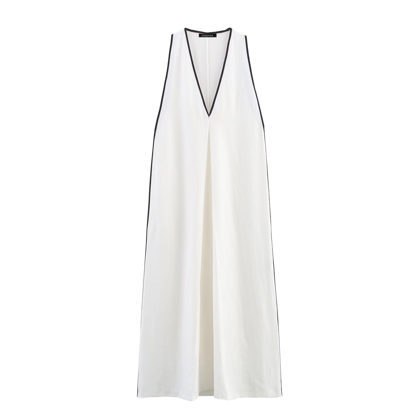 Women Clothing Summer Simple V neck Trim Linen Blend Dress
