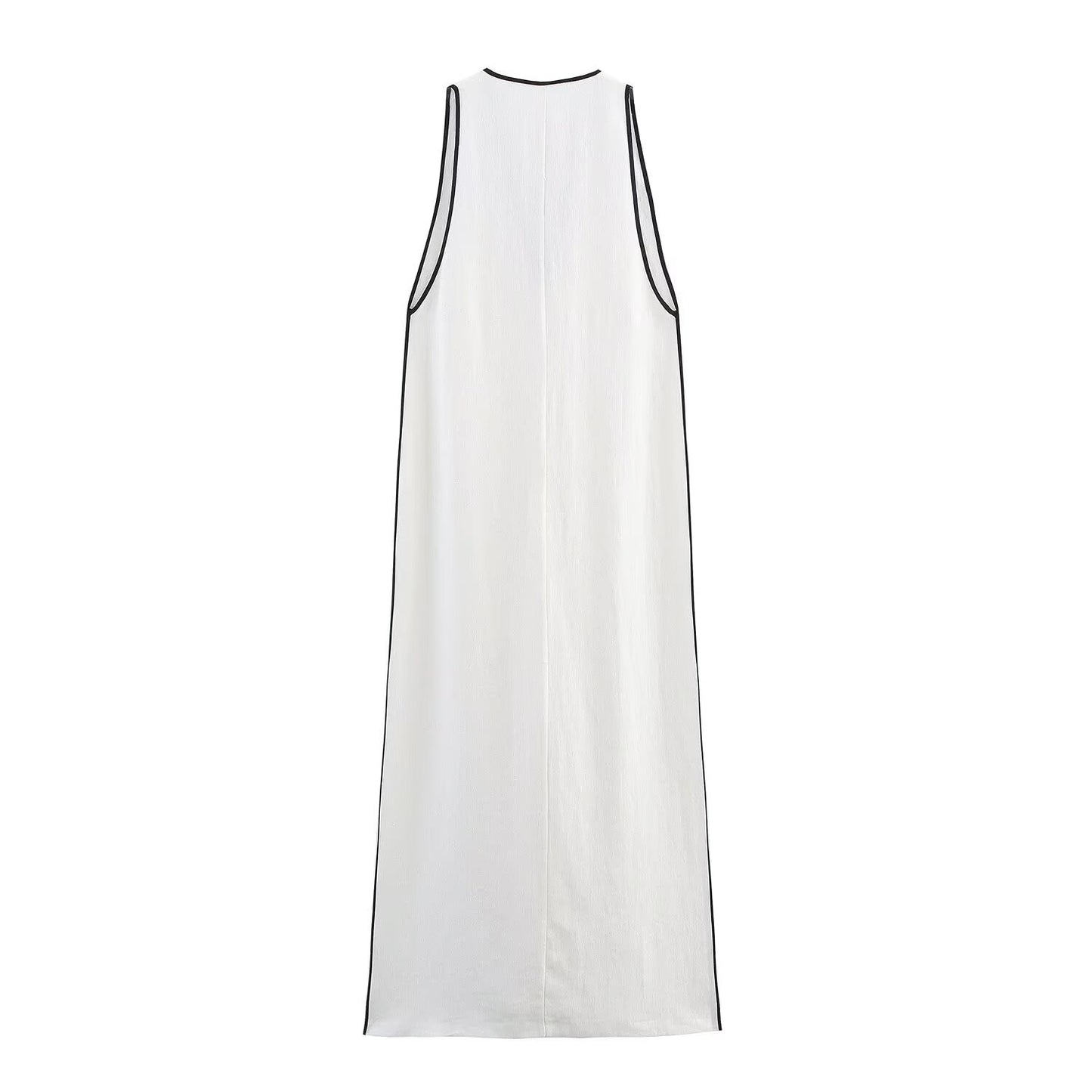 Women Clothing Summer Simple V neck Trim Linen Blend Dress
