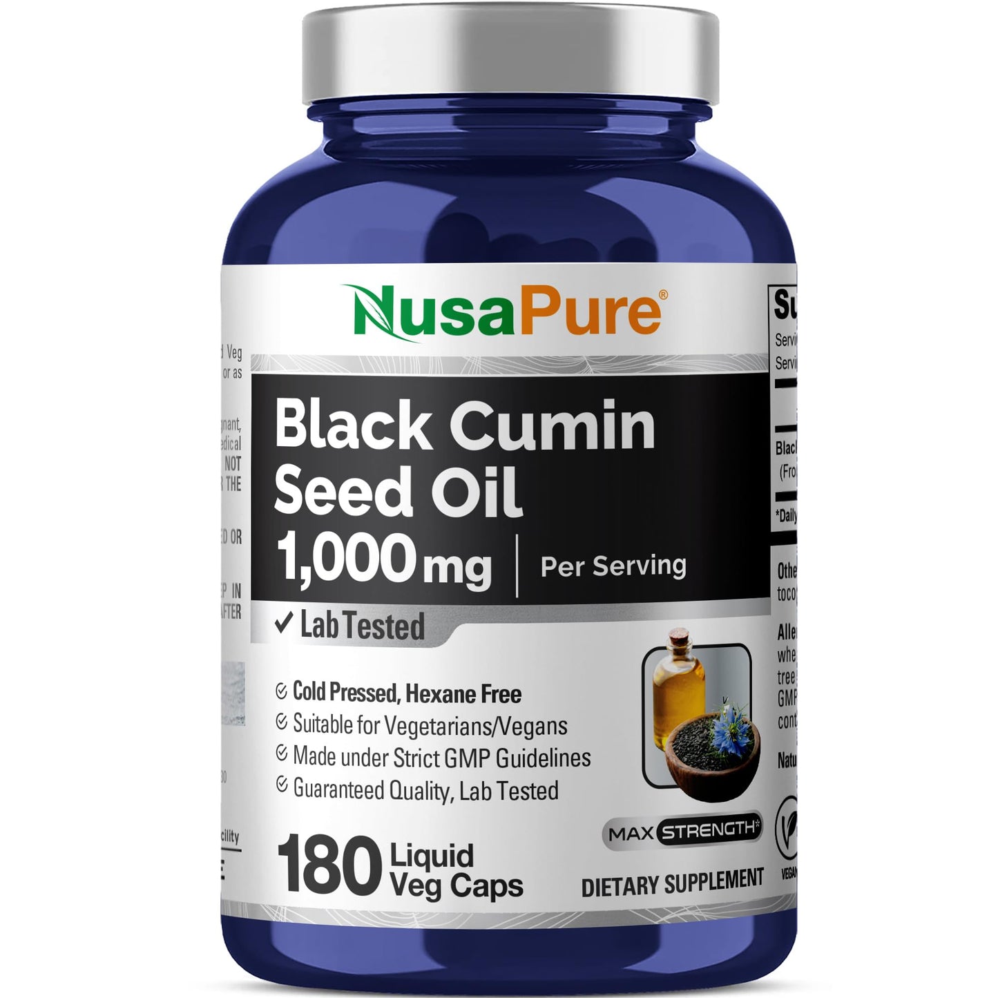 NusaPure Black Seed Oil 1,000 mg per Serving 180 Softgel Capsules (Non-GMO, Vegetarian & Vegan) Cold-Pressed Virgin Nigella Sativa. Hexane Free