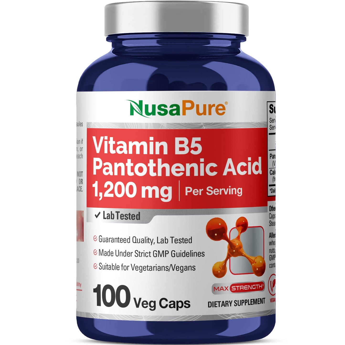 NusaPure Vitamin B5 Pantothenic Acid 1,200mg Per Serving 100 Caps Vegetarians Vegans, Non-GMO Dietary Supplement