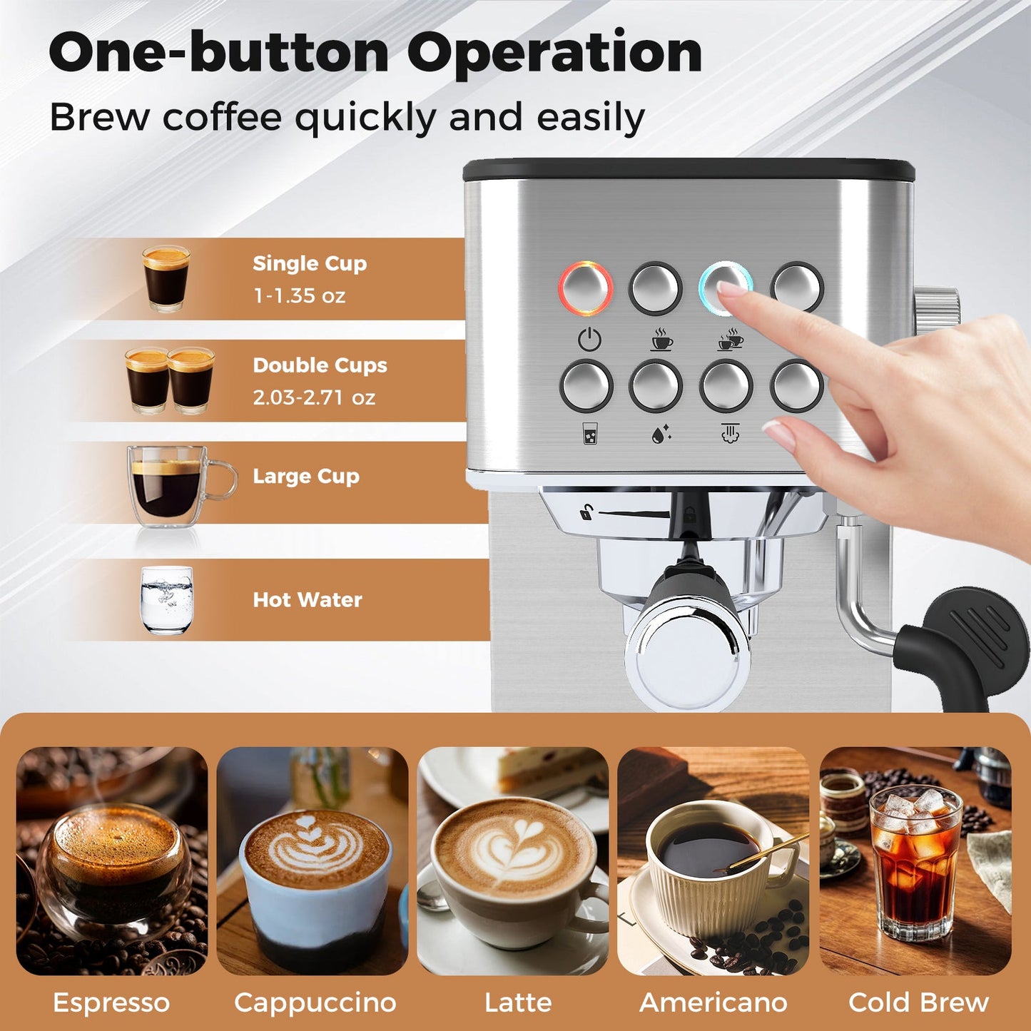 Espresso Machine 20 Bar Compact Stainless Steel Coffee Maker with Milk Frother-Silver