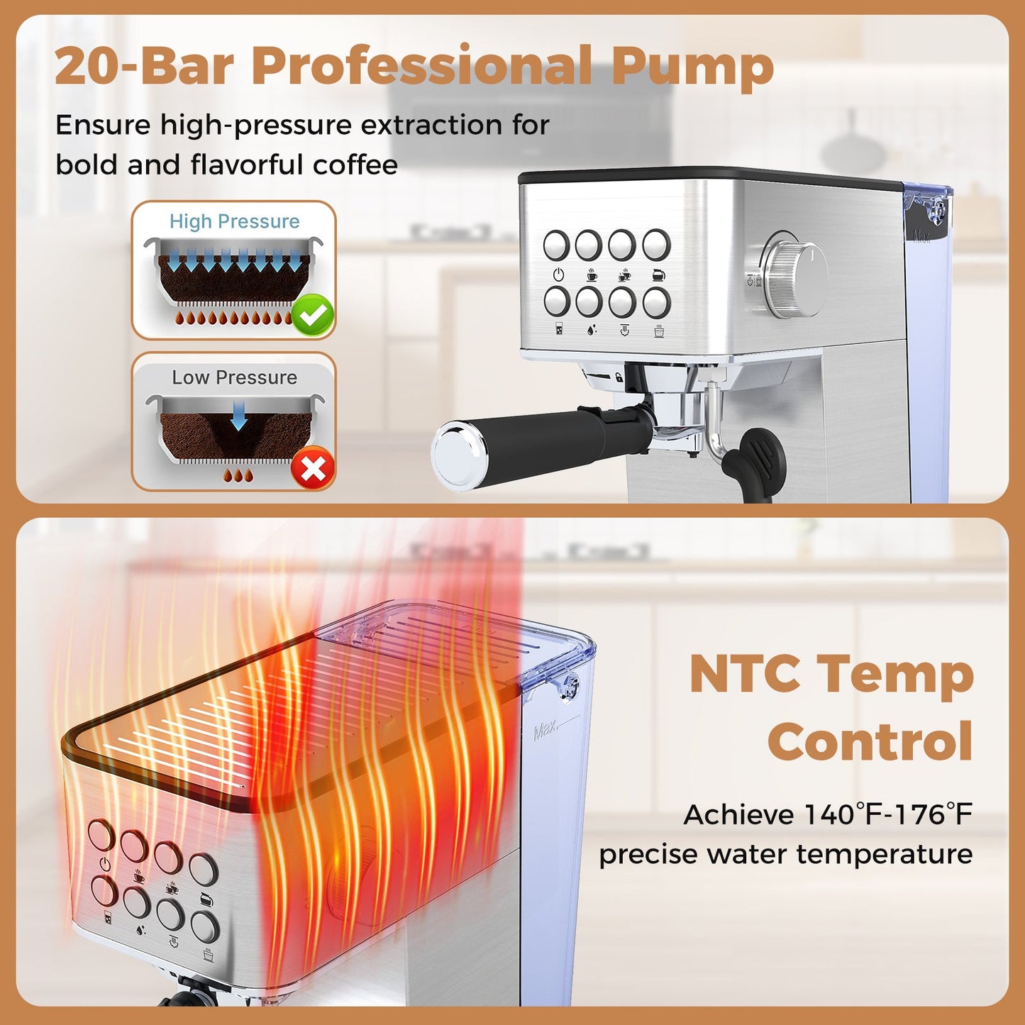 Espresso Machine 20 Bar Compact Stainless Steel Coffee Maker with Milk Frother-Silver