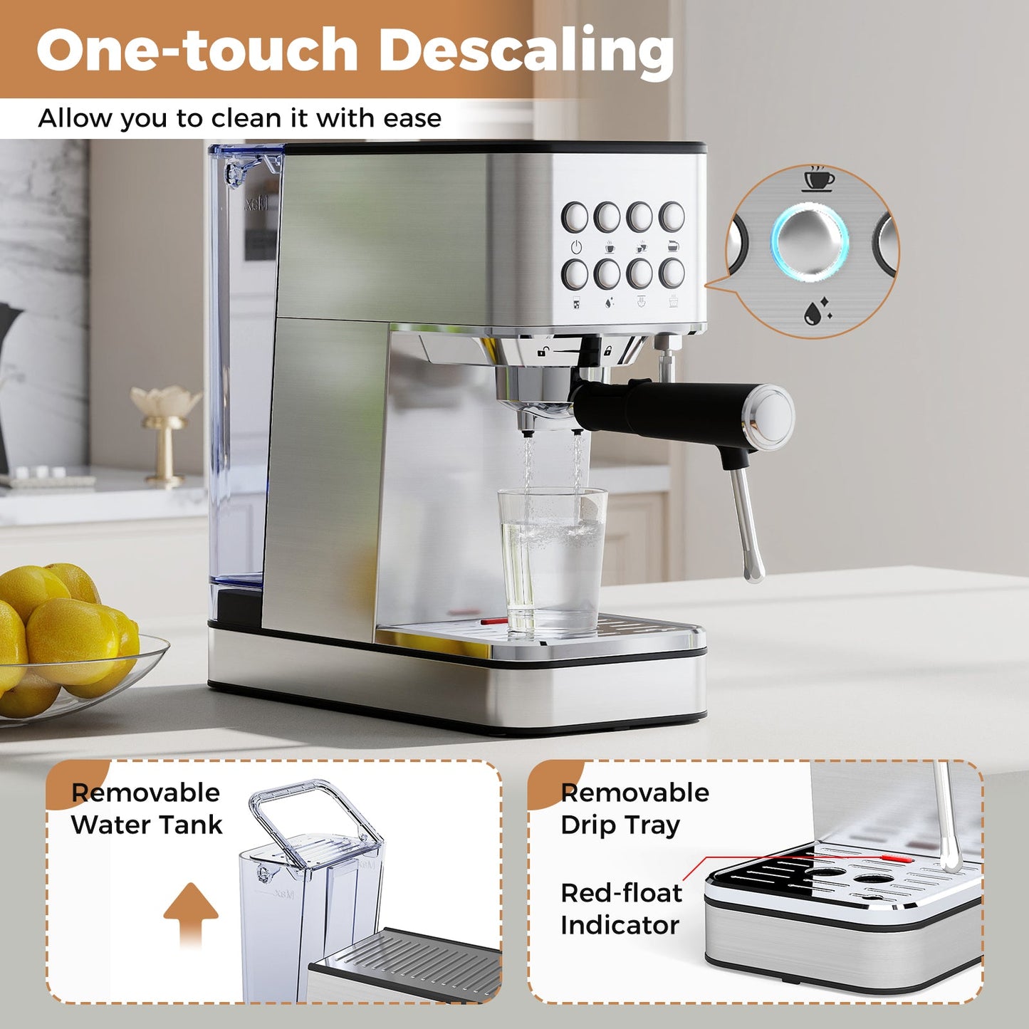 Espresso Machine 20 Bar Compact Stainless Steel Coffee Maker with Milk Frother-Silver