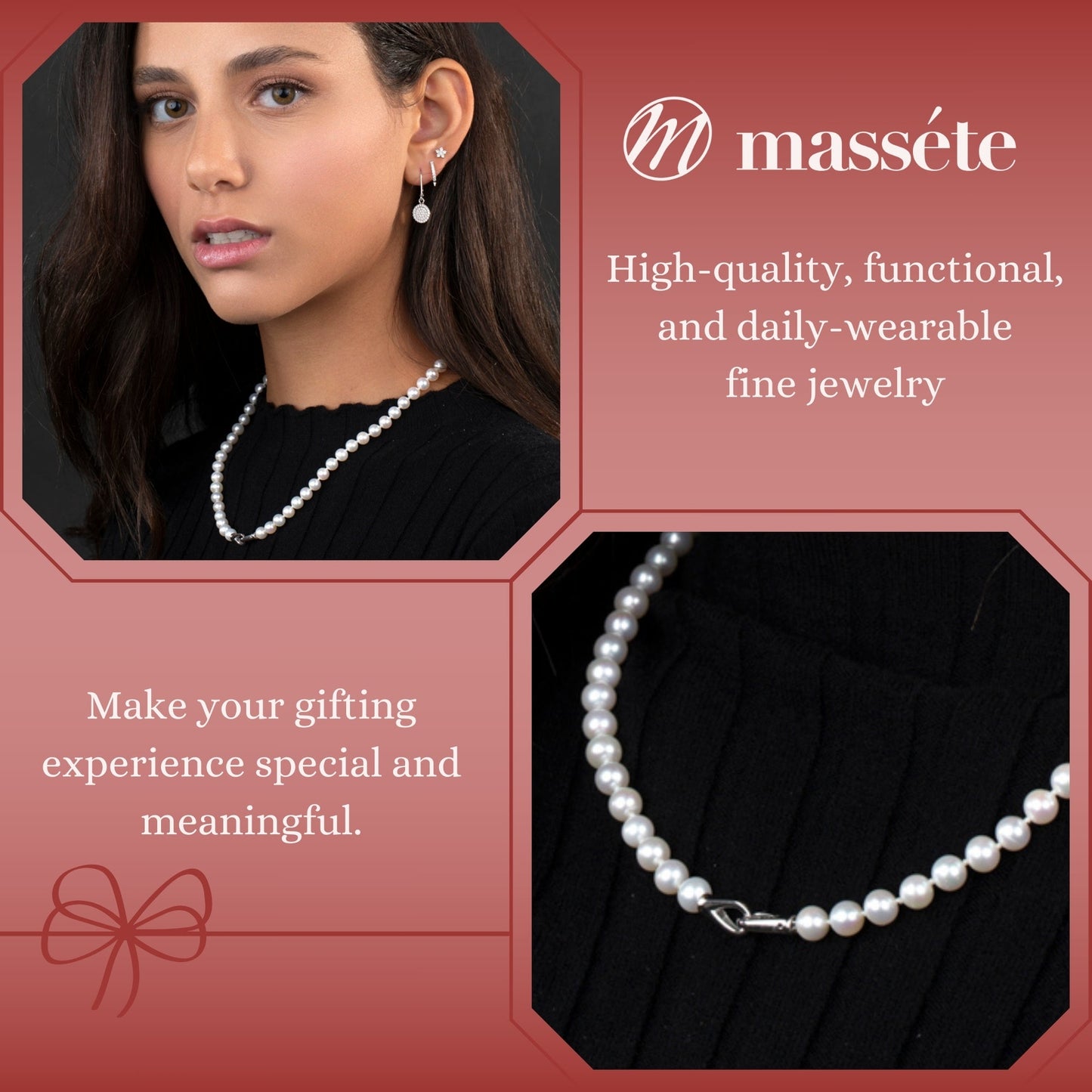 MASSETE White Round Freshwater Cultured Pearl Necklace for Women Sterling Silver Lobster Clasp Modern 6.5mm 18"