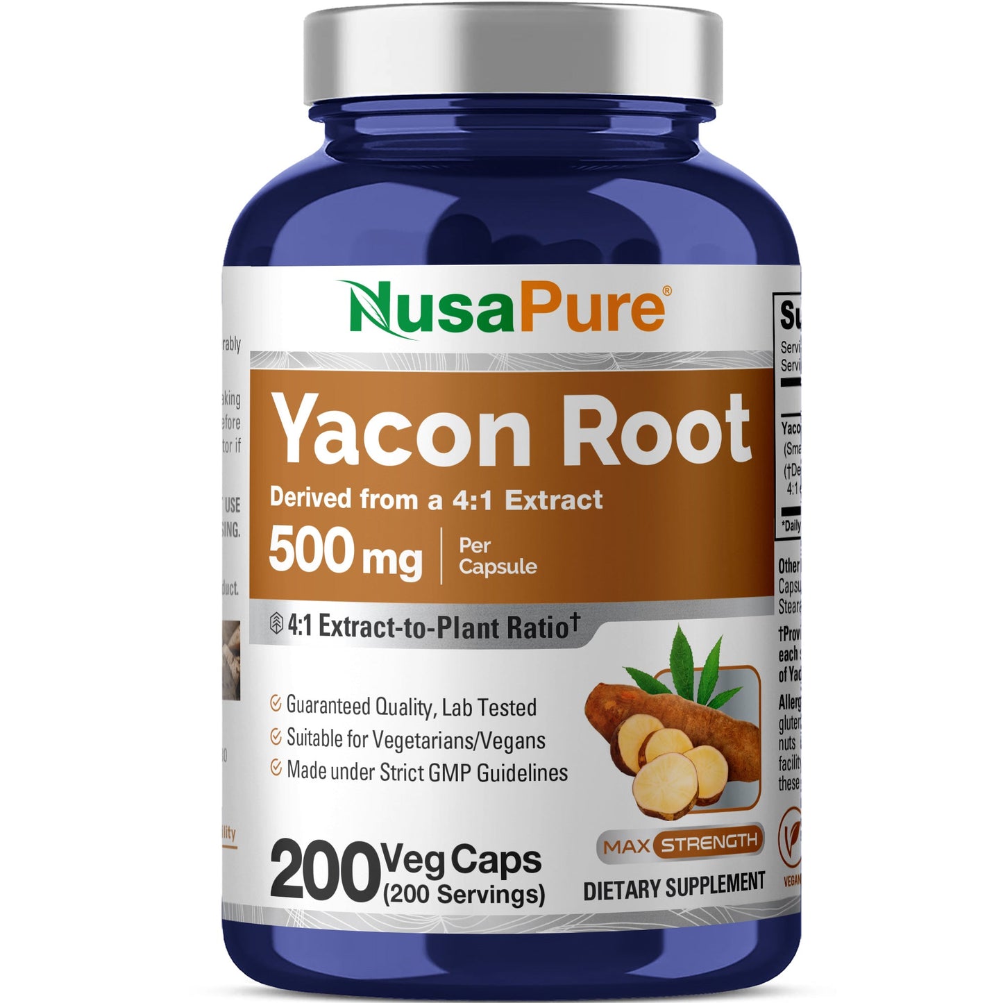 NusaPure Yacon Root Extract 500mg 200 Vegetarian Capsules (Extract 4:1, Non-GMO, Vegan)
