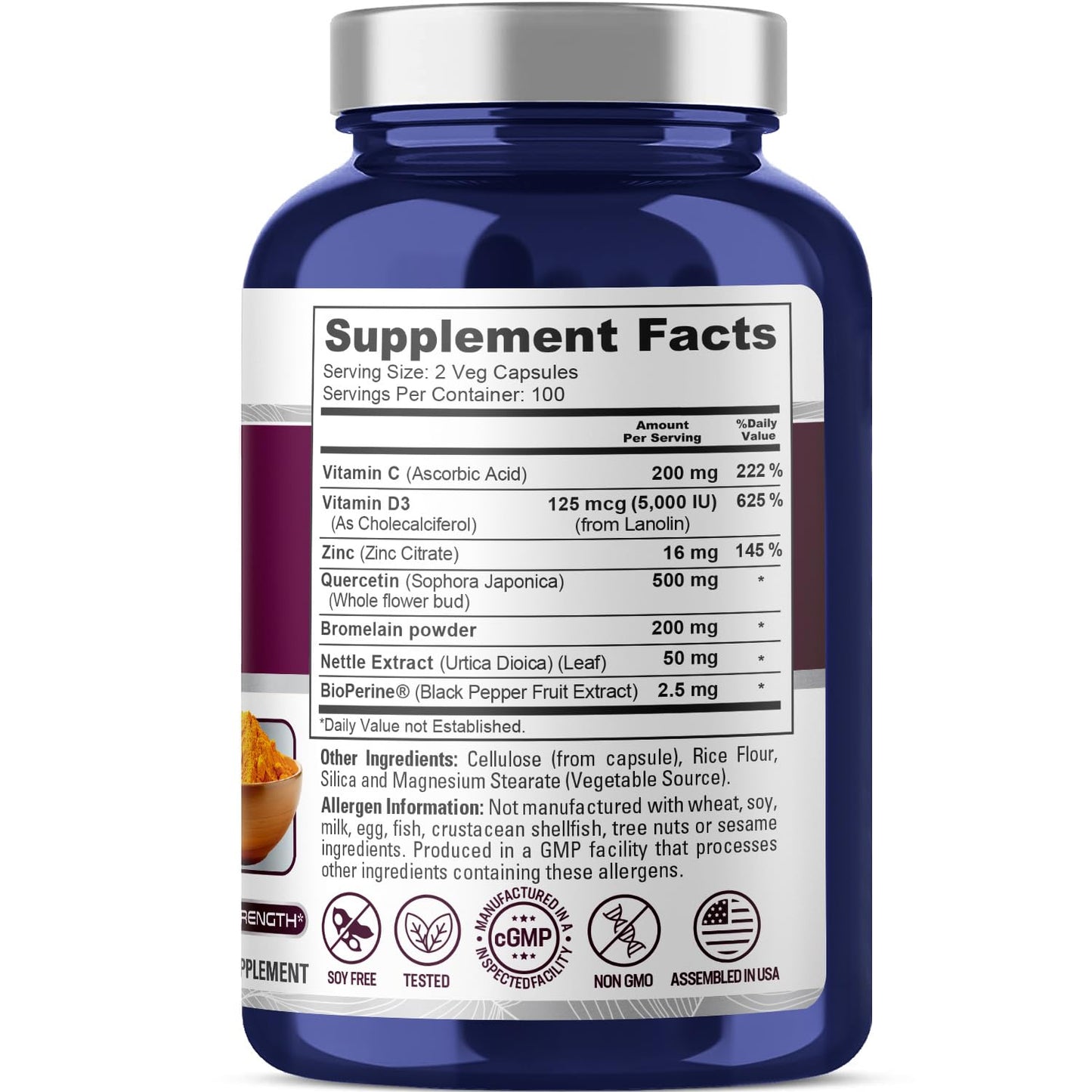 NusaPure Quercetin Complex: Bromelain, Vitamin C, Vitamin D3, Stinging Nettle, Zinc | 200 Veggie Caps (Non-GMO, Bioperine)