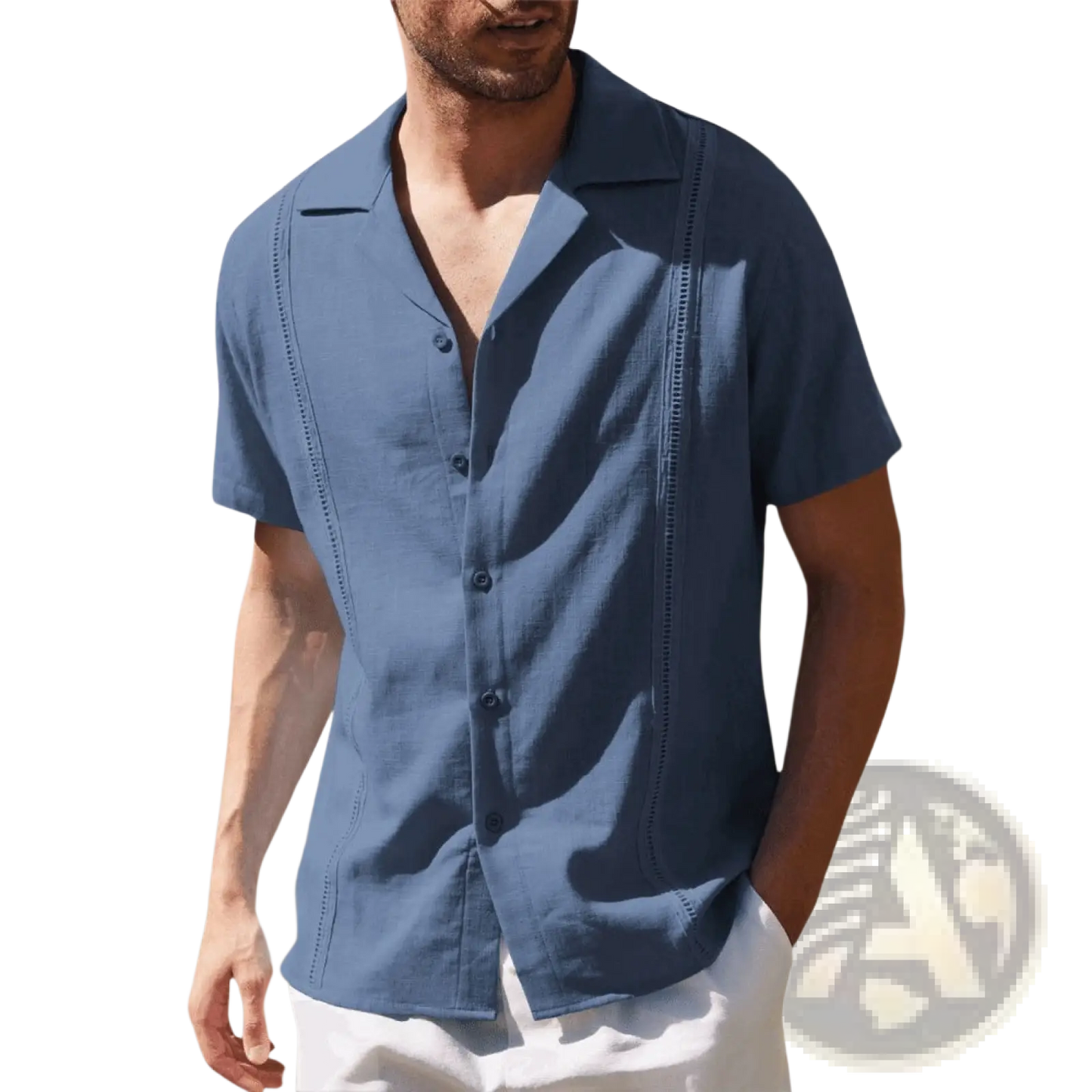 Men's Slim Fit Embroidered Linen Short Sleeve Shirt