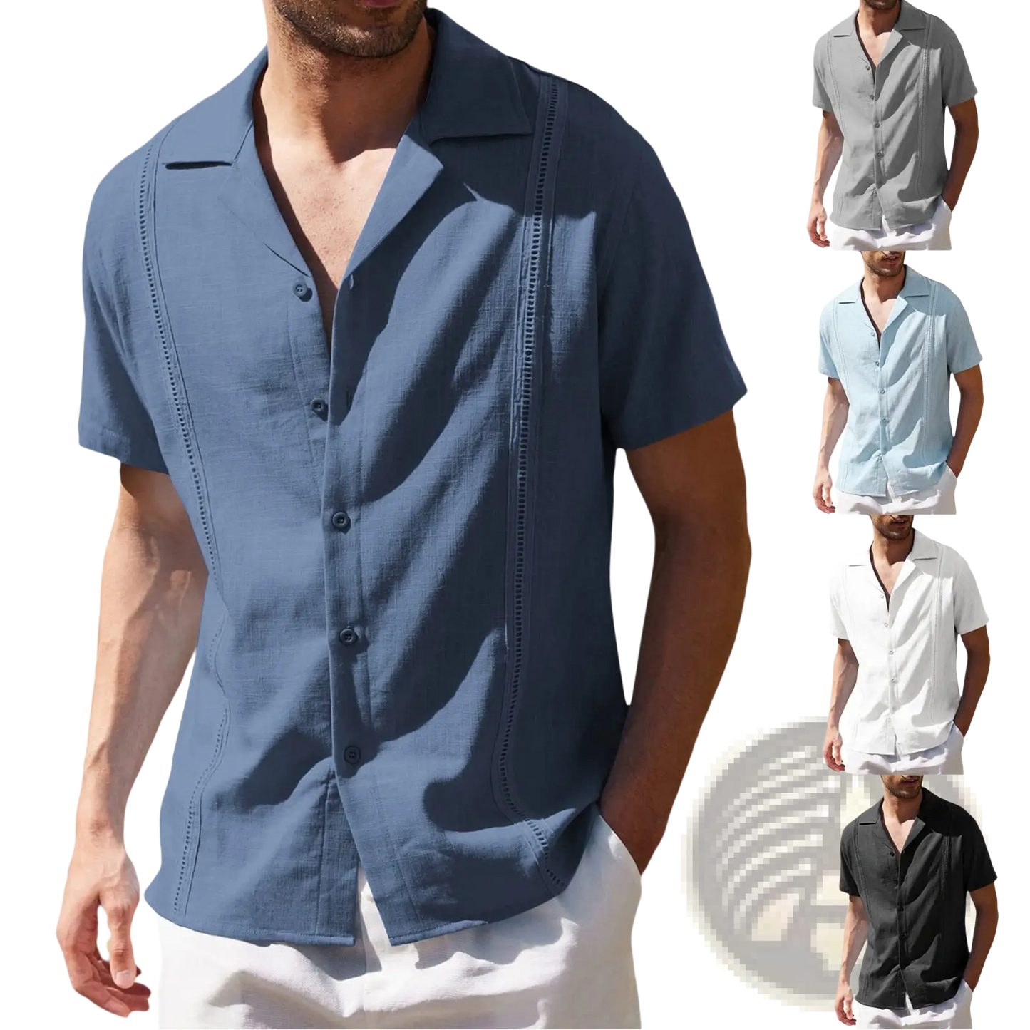 Men's Slim Fit Embroidered Linen Short Sleeve Shirt