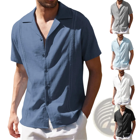 Men's Slim Fit Embroidered Linen Short Sleeve Shirt